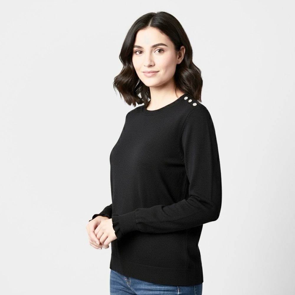 J. Crew Black Cotton Ruffle Rhinestone Sweater Size Large - Picture 1 of 10